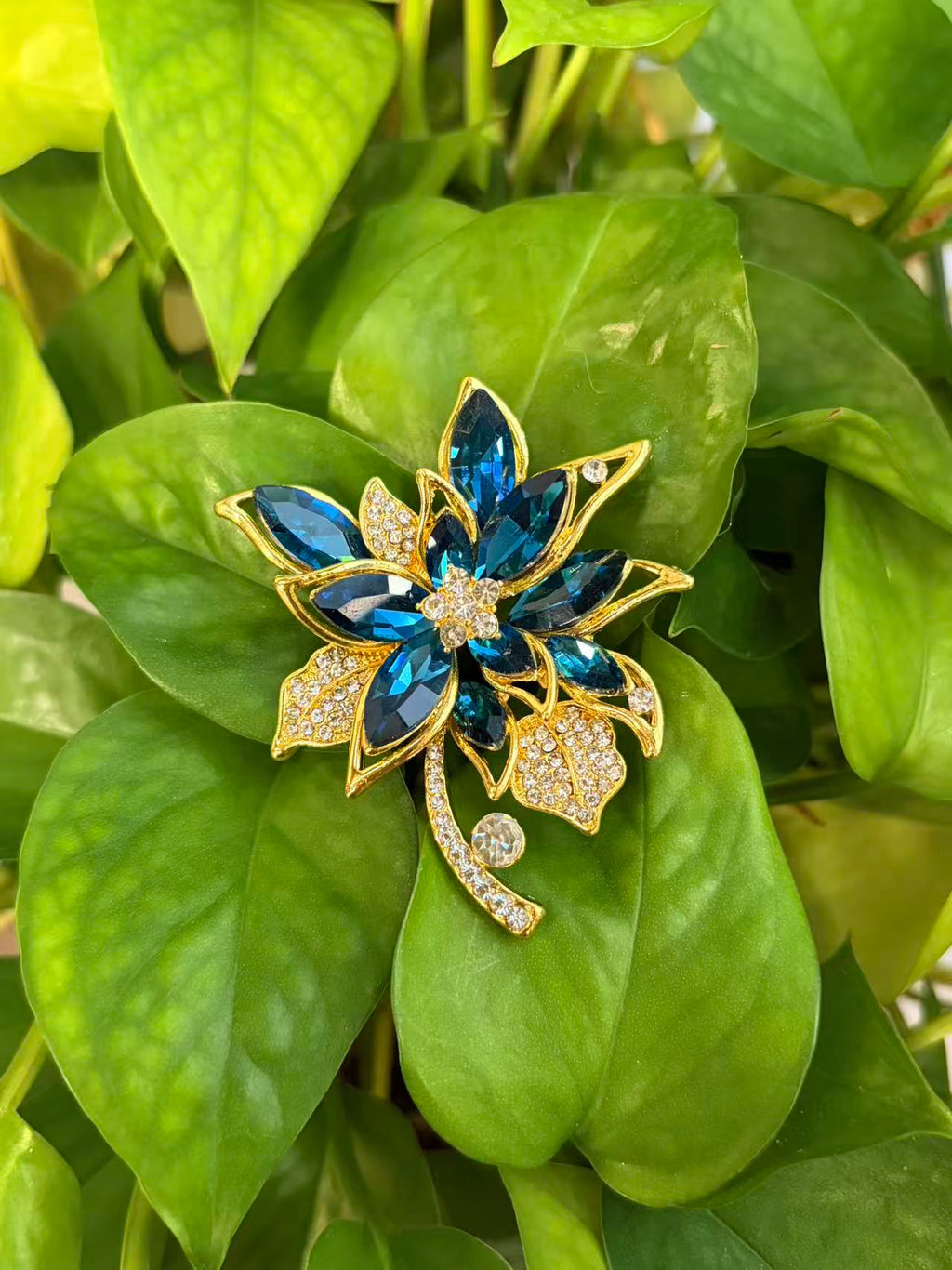 Crystal cluster brooch pin displayed on green plant leaves