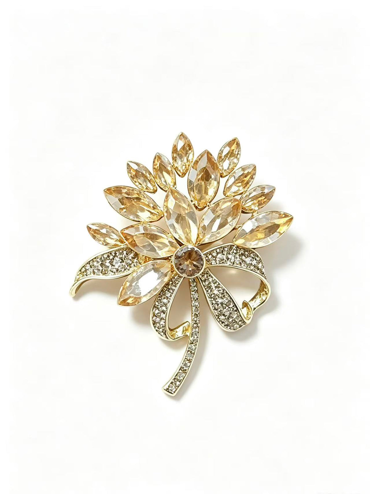 Crystal flower bow brooch pin front view on white background