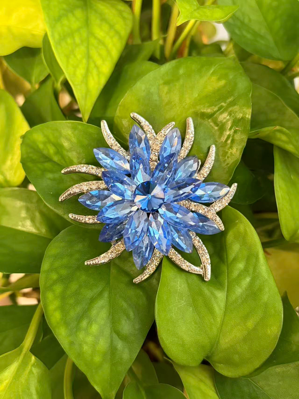 Crystal flower brooch pin displayed on green plant leaves