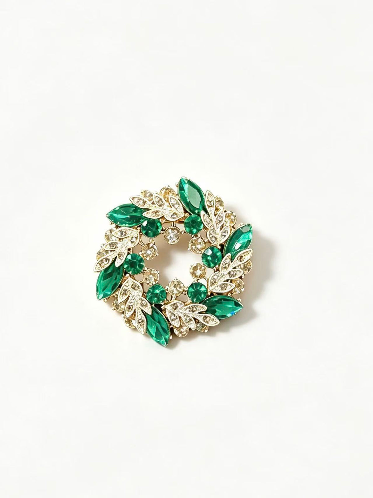 Crystal leaf wreath brooch pin front view on white background