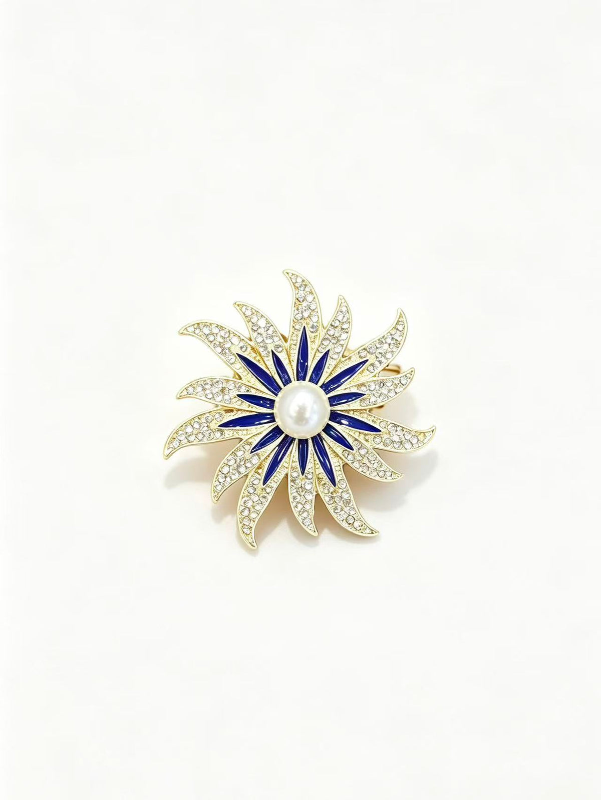 Crystal sunburst brooch pin front view on white background