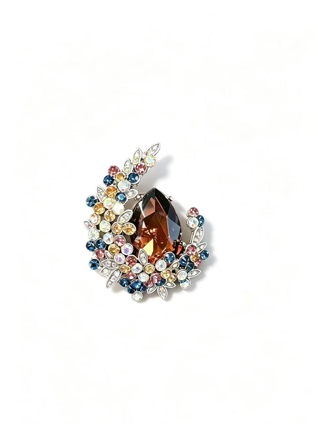 Crystal teardrop floral brooch pin isolated view on white background
