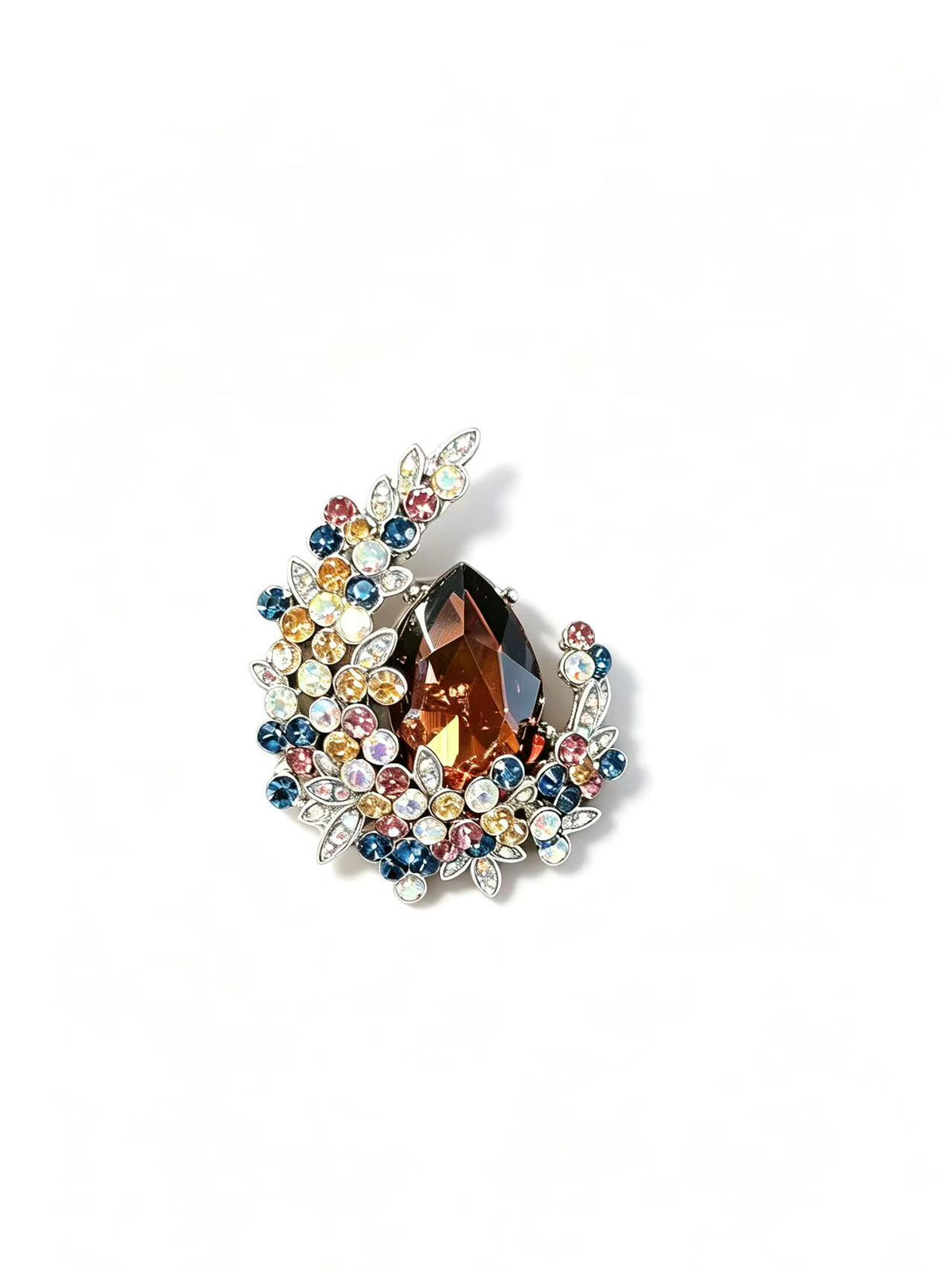 Crystal teardrop floral brooch pin isolated view on white background